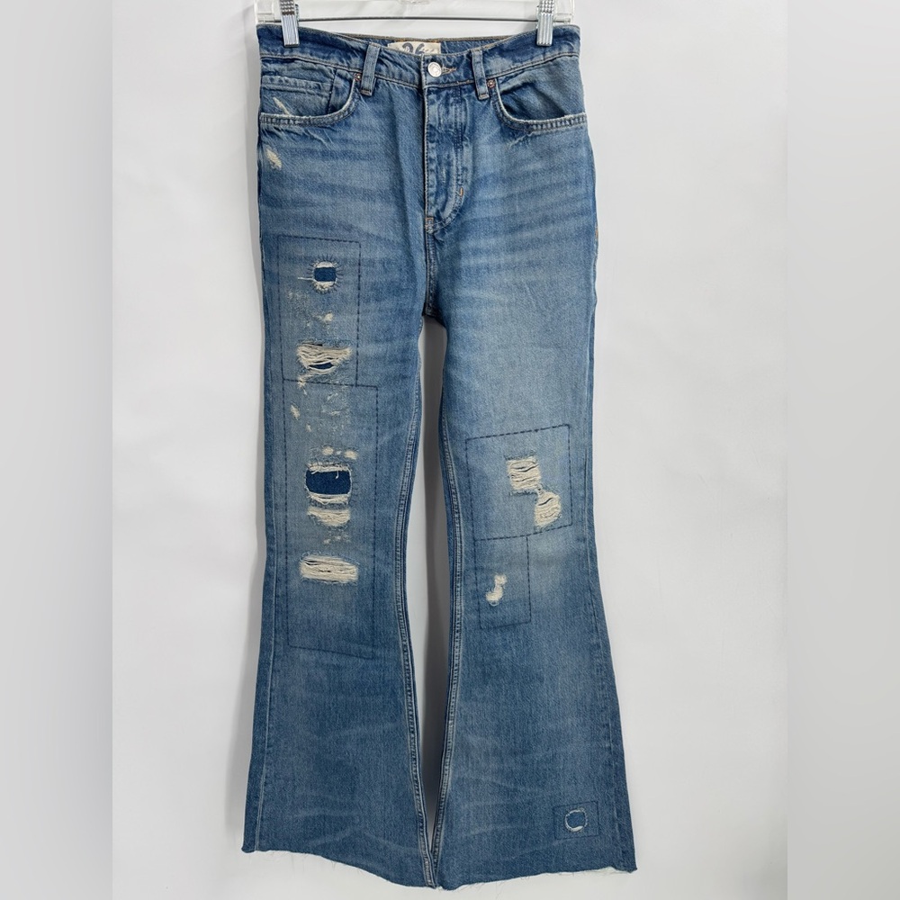 We The Free Patchwork Distressed Flare Jeans Raw … - image 2